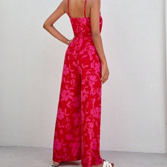 Boho Floral Print Cami Jumpsuit red pink - Picture 3 of 4
